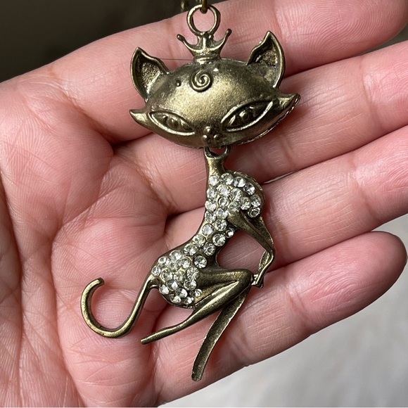 Pendant Only | Vintage | Brass Crowned Cat Lady In Rhinestone Dress 2.5" Tall - Picture 3 of 9